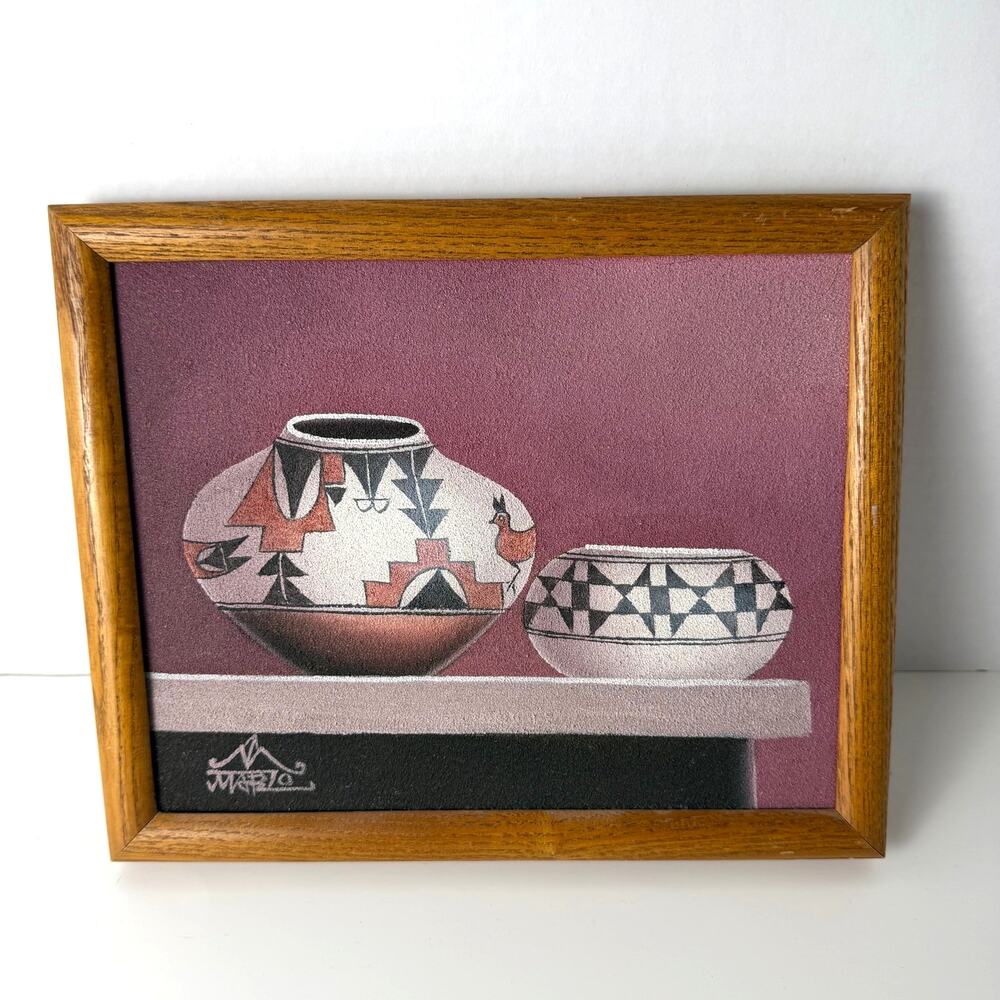 VTG 80s Marzo Sand Art Framed Painting Pueblo Pottery Still Life Southwest Decor